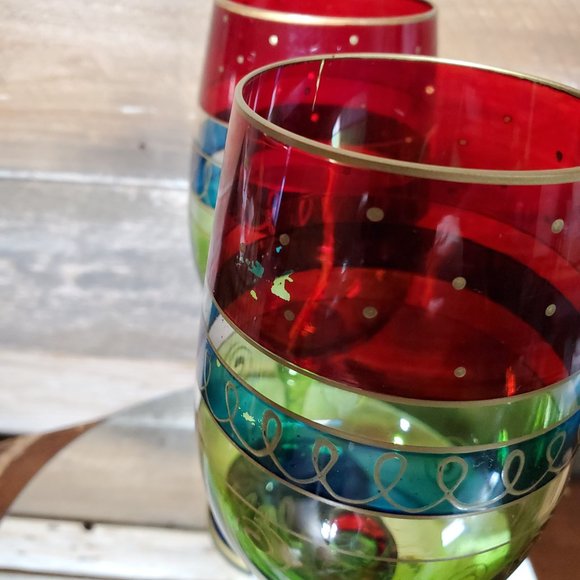 Vintage 90's Handpainted Crystal Christmas Bordeaux Wine Glasses - Pair - Picture 5 of 7